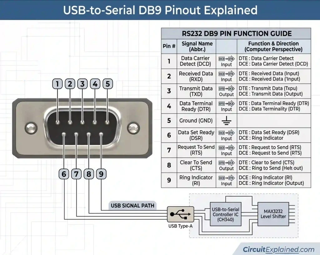 DB9 Connector Pinouts for USB to Serial adapter